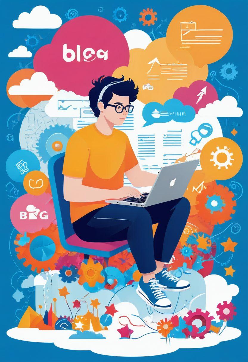 A whimsical, colorful illustration of a friendly person with a laptop surrounded by vibrant speech bubbles filled with blog icons such as gears, charts, and pencils. The person is looking at a flowing, winding pathway made of digital notes, leading towards a bright horizon. Include elements like clouds shaped like blogs and social media symbols floating around. The overall scene should radiate creativity and friendliness. vector art. vibrant colors.