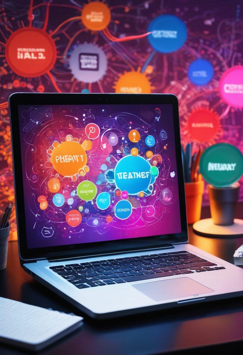 A visually striking open notebook with colorful ideas bursting out as thought bubbles, alongside a laptop displaying analytics graphs, symbolizing engagement. Surround it with lightbulbs and gears to represent creativity and strategy. Include a playful background of engaging blog posts on computer screens and people interacting online. super-realistic. vibrant colors. 3D.