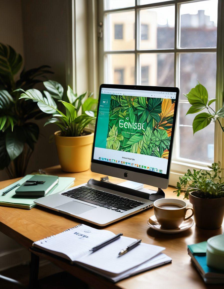 A vibrant and inviting desktop workspace with an open laptop displaying a colorful blog page. Surrounding the laptop are tools for content creation: notebooks, pens, coffee, and a plant. In the background, a virtual world of blogs appears, symbolizing engagement and creativity. Soft sunlight filters through a window, casting warm tones. super-realistic. vibrant colors. modern design.